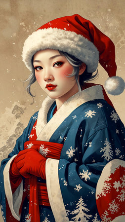 beautiful asian woman in santa costume with snowflakesの素材