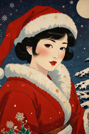 Beautiful young woman in Santa Claus costume. Christmas illustration.の素材