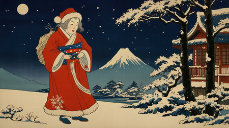 Illustration of a Christmas scene with japanese woman and Mt Fujiの素材