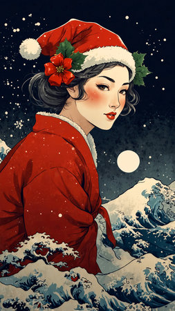 Fashion illustration of beautiful young woman in Santa Claus clothes on winter background.の素材