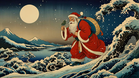 Santa Claus with a bag of gifts on the background of the mountainsの素材