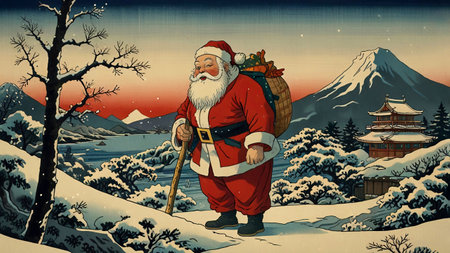 Santa Claus in the mountains at Christmas. Illustration in retro style.の素材