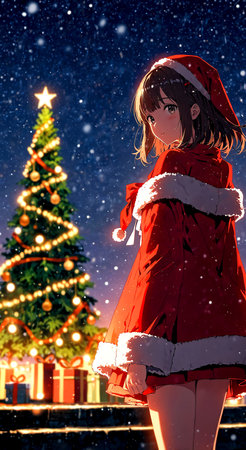 Portrait of a beautiful girl in Santa Claus clothes over Christmas background.の素材