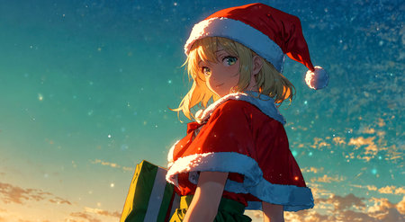 Little girl in Santa Claus costume with bag of gifts against the skyの素材