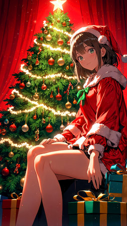 Pretty girl in Santa Claus clothes sitting near a Christmas tree with gifts.の素材