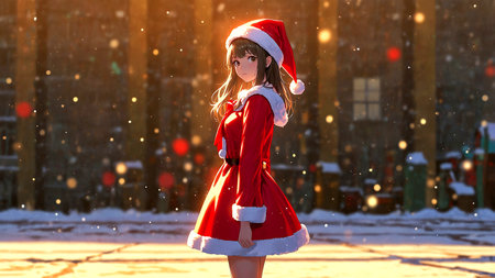 Beautiful girl in red santa claus clothes on a winter backgroundの素材