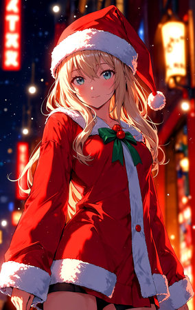 Beautiful little girl in Santa Claus clothes over night city background.の素材