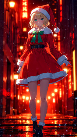 Beautiful young woman in Santa Claus costume over night city background.の素材