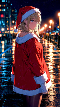 Beautiful girl in Santa Claus clothes over night city background. Christmas.の素材