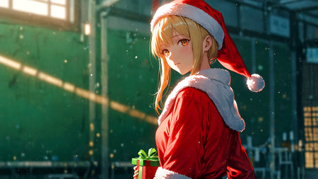 A girl in a red dress and a Santa Claus hat is holding a gift box.の素材