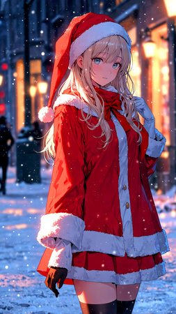 Beautiful girl in Santa Claus clothes on the street at night.の素材