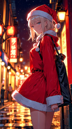 Beautiful young woman in Santa Claus clothes walking in the street at night.の素材