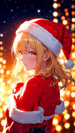Beautiful girl in Santa Claus clothes over festive lights background. Christmas.の素材