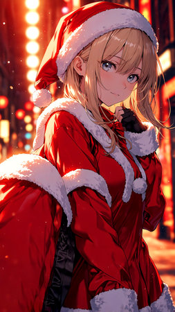 Beautiful young woman in Santa Claus costume over snowy city background.の素材