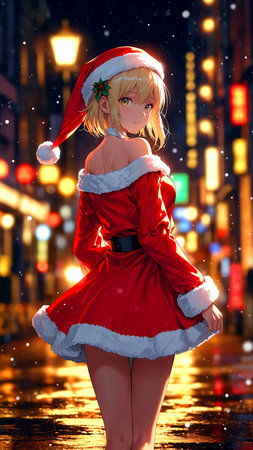 Beautiful girl in Santa Claus clothes over night city background. Christmas.の素材