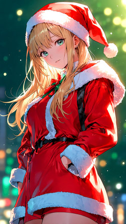 Beautiful girl in Santa Claus clothes over night city background. Christmas.の素材