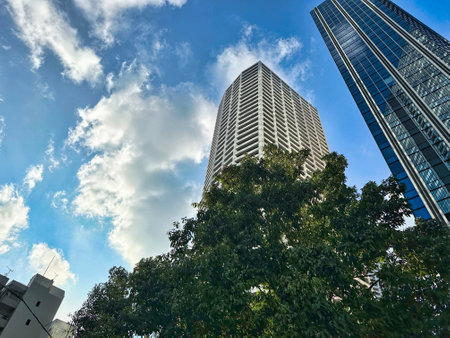 High-rise apartment building in the city, blue sky and white clouds, daytime, Shinjuku, Tokyo, Japanの写真素材