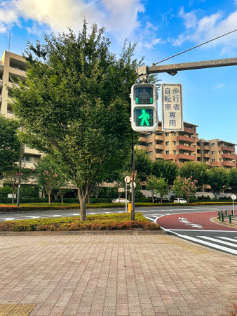Scene with pedestrian signals, daytime, apartment buildingの写真素材