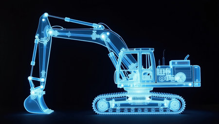3d rendering of an excavator in blue light on black backgroundの素材