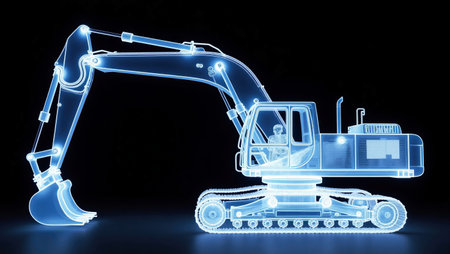 Excavator in blue light on a black background. 3d renderingの素材