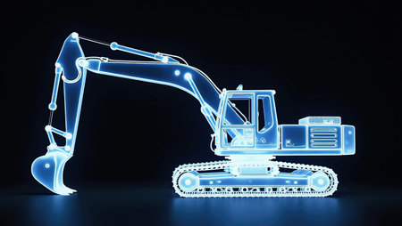 3d rendering of excavator in blue light isolated on black backgroundの素材