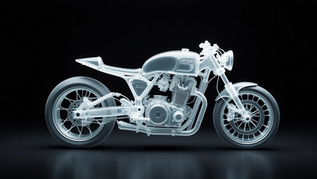 3D Illustration of a Vintage Motorcycle on a Black Backgroundの素材