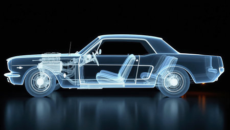 3d car x-ray render on a black background with reflectionの素材