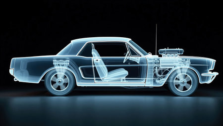 3d rendering of a classic car with engine on a black backgroundの素材