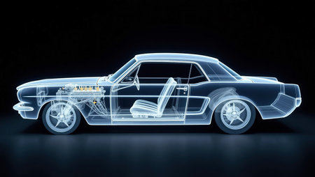 3d rendering of a retro car in blue light on black backgroundの素材