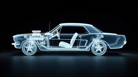 3D rendering of a classic car in blue light on a black backgroundの素材