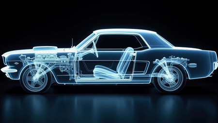 3D rendering of a classic car in neon light on a dark backgroundの素材