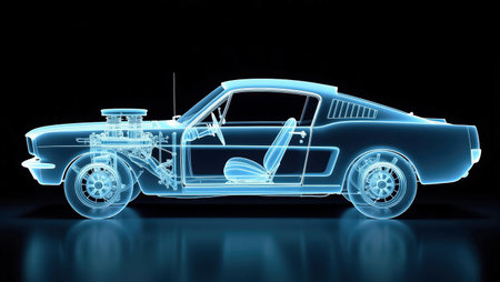 3D rendering of an old car in blue light on a black backgroundの素材