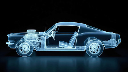 3d rendering of a classic car in blue light on a black backgroundの素材