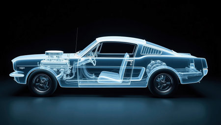 3D rendering of a classic american car in blue light on black backgroundの素材