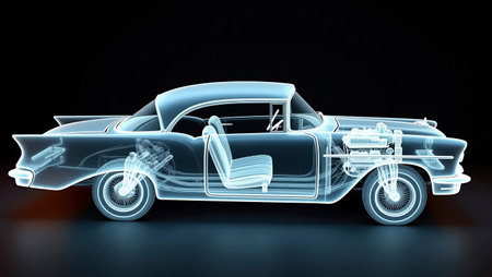 Vintage car in blue light on a black background. 3d renderingの素材