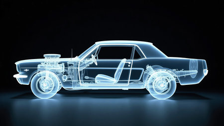 Transparent car on a black background. 3d rendering. Neon lightの素材