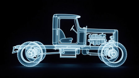 3d rendering of a tractor in blue light isolated on black backgroundの素材
