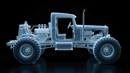 3d rendering of a big tractor isolated on black background with reflectionの素材
