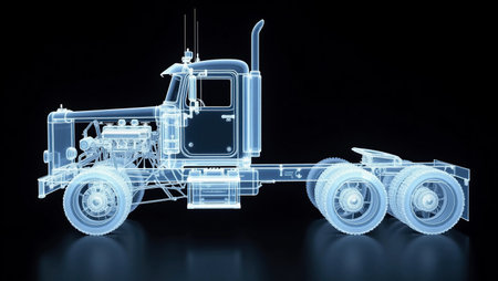 3d rendering of a big truck in blue light on a black backgroundの素材