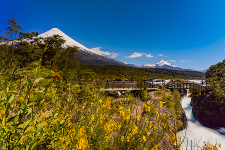 Osorno volcano and Petrohue waterfall in Chileの写真素材