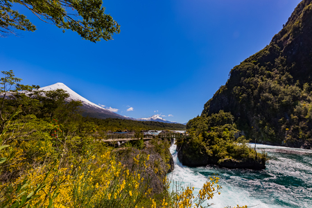 Osorno volcano and Petrohue waterfall in Chileの写真素材