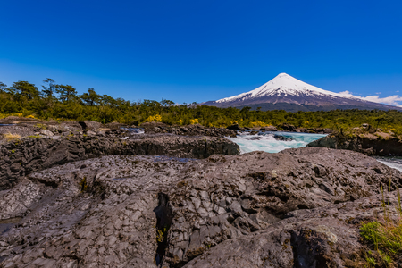 Osorno volcano and Petrohue waterfall in Chileの写真素材