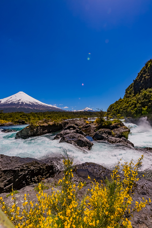 Osorno volcano and Petrohue waterfall in Chileの写真素材