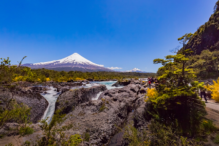 Osorno volcano and Petrohue waterfall in Chileの写真素材