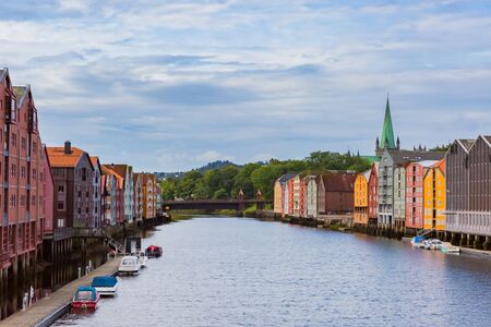 colorful warehouses in trondheim, norwayの写真素材