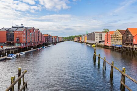 colorful warehouses in trondheim, norwayの写真素材