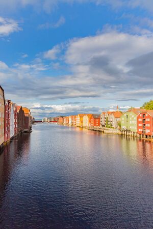 colorful warehouses in trondheim, norwayの写真素材