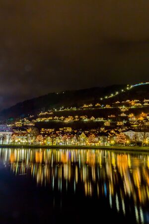 view of dowtown in bergen at night, norwayの写真素材