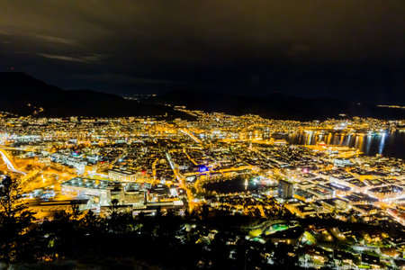 night view of downtown in bergen, norwayのeditorial素材
