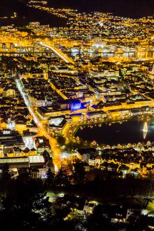 view of dowtown in bergen at night, norwayの写真素材